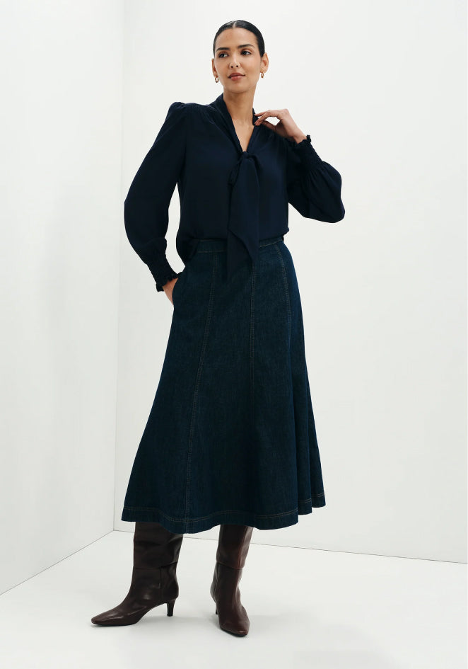 Mavis Navy Pussy Bow Button-Through Blouse