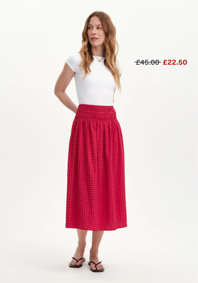 Vanessa Pink Gingham Seersucker Shirred Waist Midi Skirt