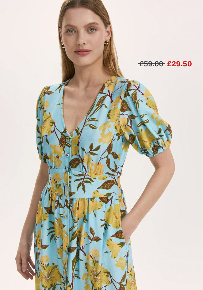 Addison Blue Floral Button Through Midi Dress