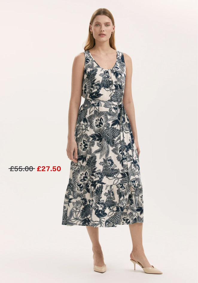 Marta Navy Flower Linen Blend Sleeveless Midi Dress