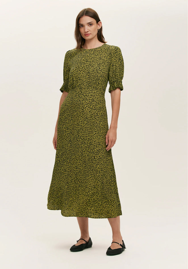 Mela Green Leopard Crepe Midi Tea Dress