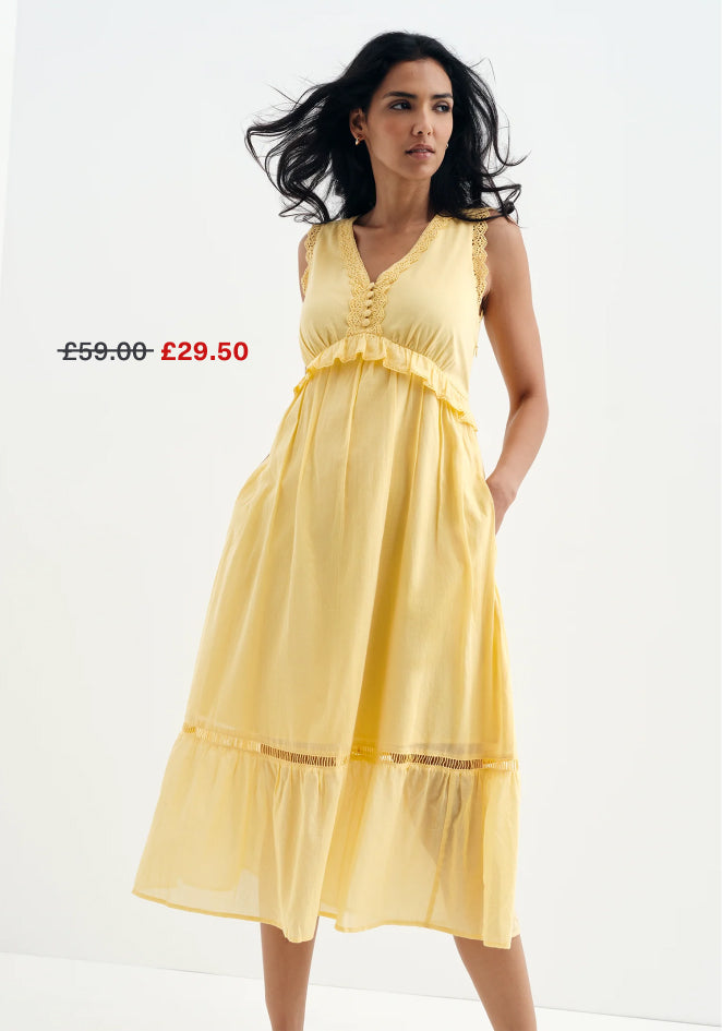 Myriam Yellow Cotton Lace Sleeveless Tiered Midi Dress