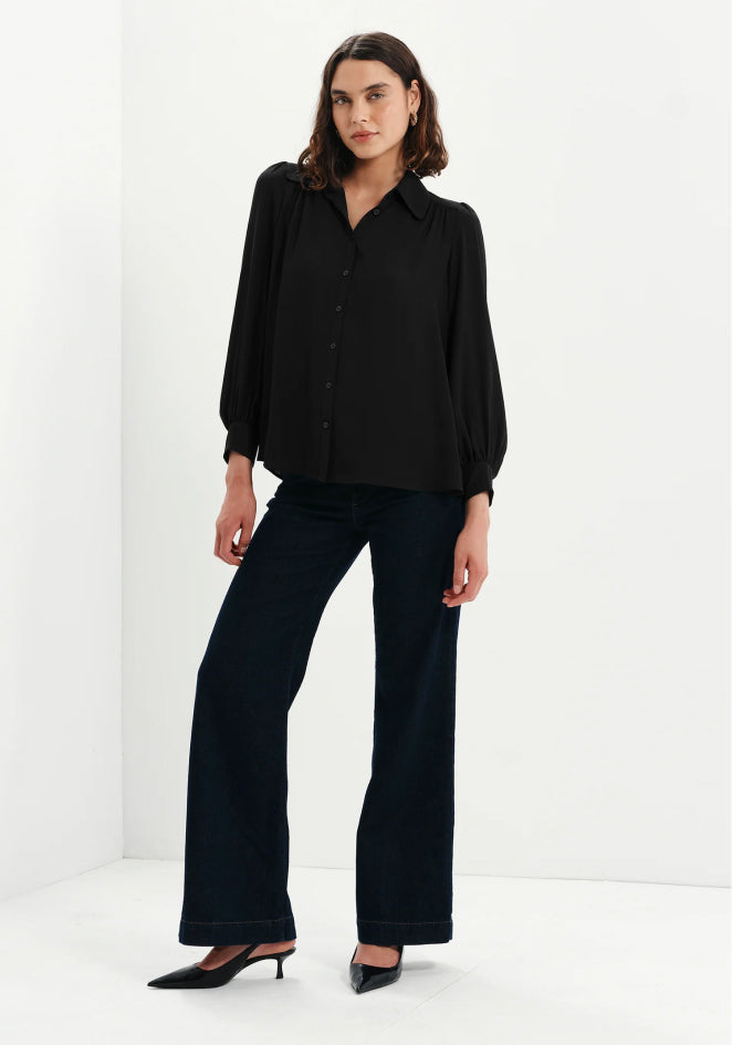 Melina Black Button Through Lightweight Yoke Blouse