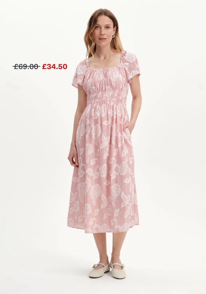 Maia Red Floral Jacquard Stripe Shirred Waist Midi Dress