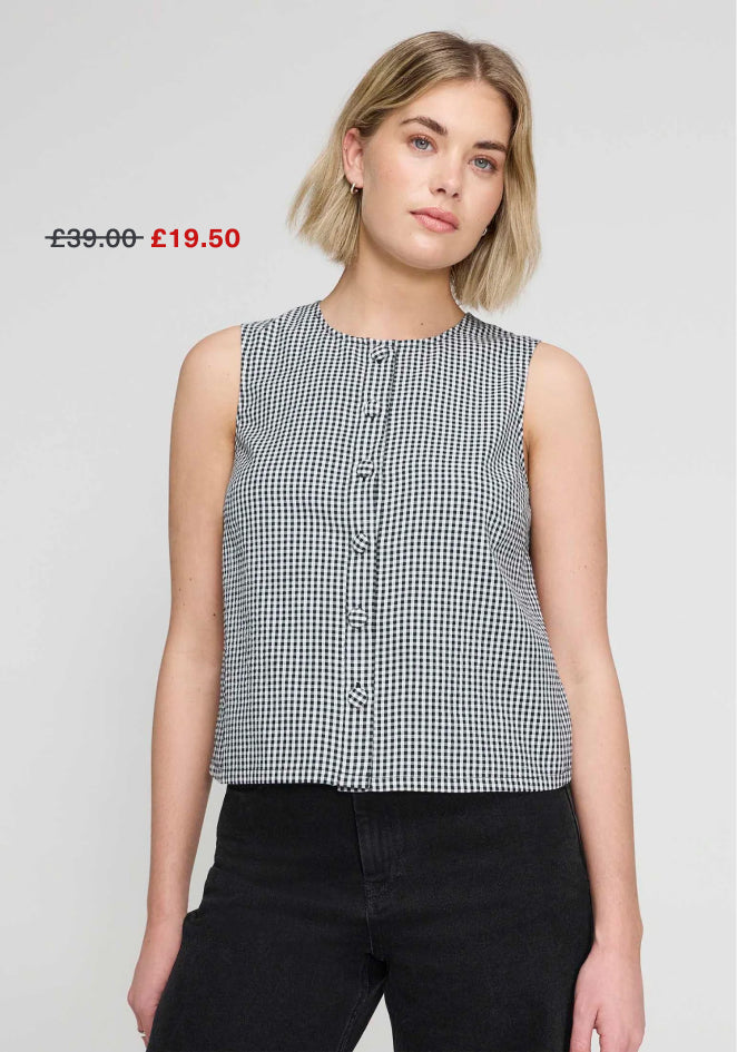 Maggie Black Gingham Cotton Sleeveless Button-Through Top