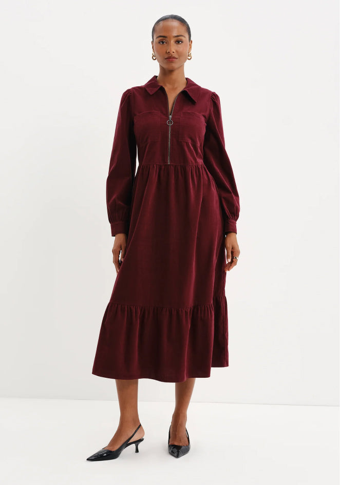 Callie Burgundy Corduroy Zip Front Tiered Midi Dress