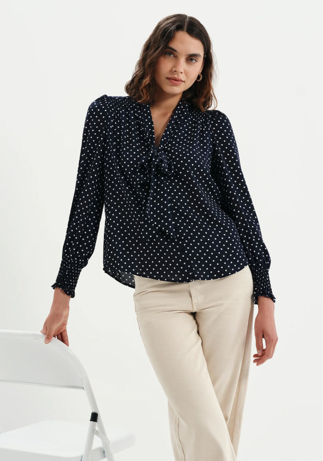 Mavis Navy Polka Dot Pussy Bow Blouson Sleeve Blouse