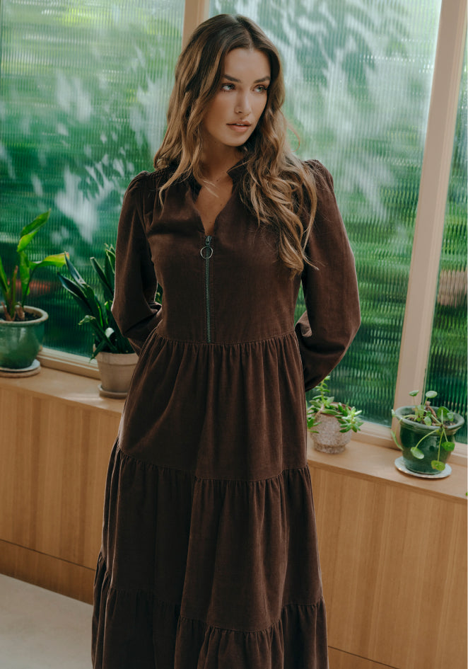 Antonia Brown Corduroy Frill Neck Tiered Midi Dress