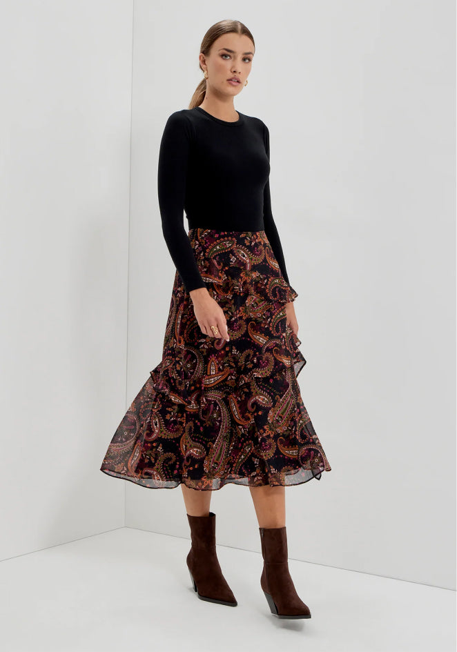 Kat Black Paisley Chiffon Asymmetric Ruffle Split Front Midi Skirt