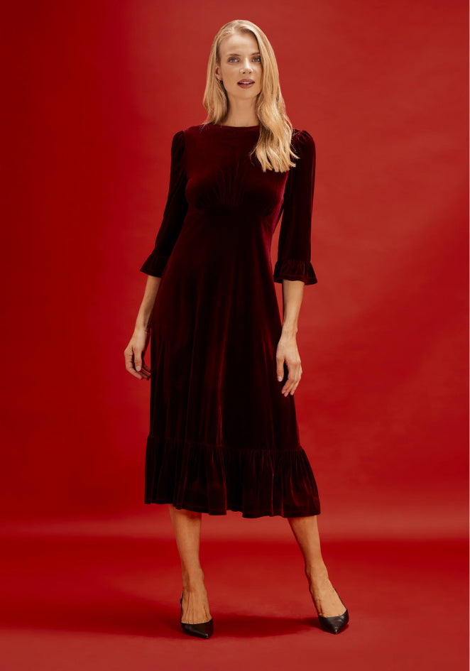 Scarlett Red Velvet Ruffle Cuff Tiered Midi Dress