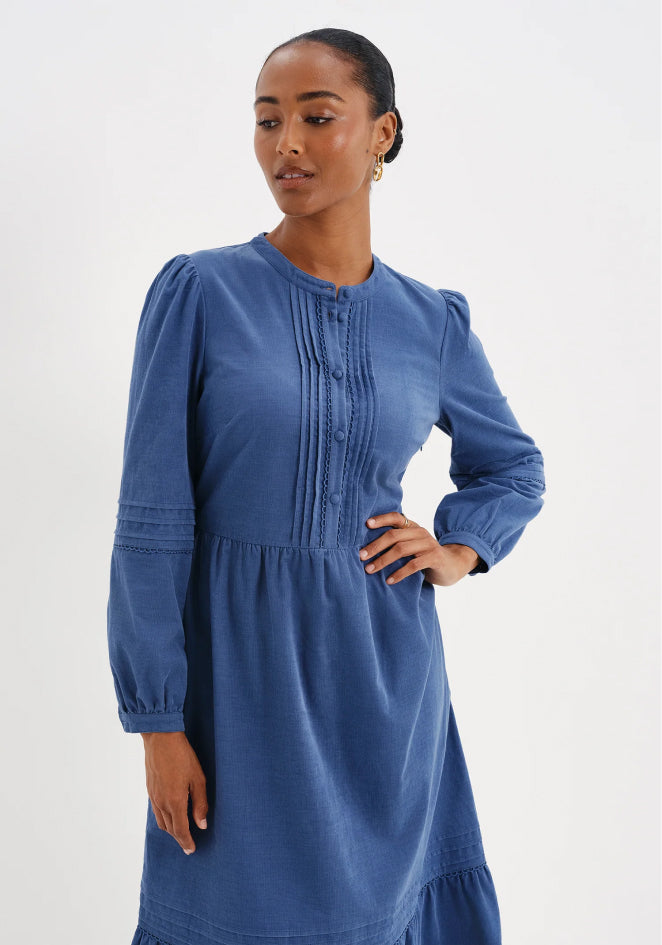 Cristina Blue Corduroy Pintuck Lace Trim Tiered Midi Dress