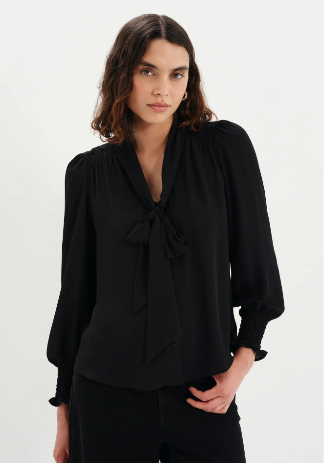 Mavis Black Pussy Bow Button-Through Blouse