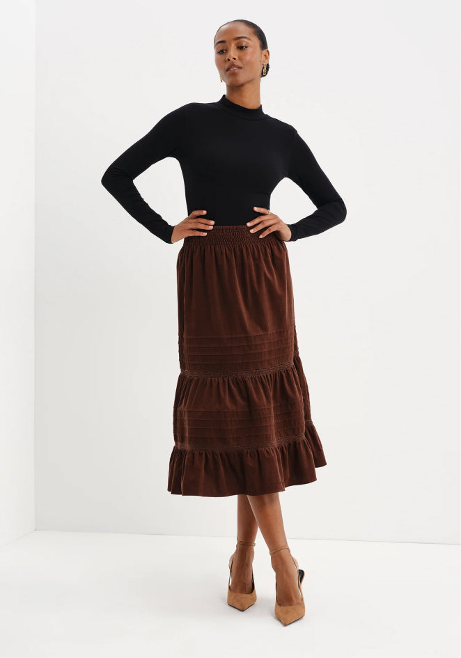 Marcela Brown Corduroy Pintuck Lace Trim Tiered Midi Skirt