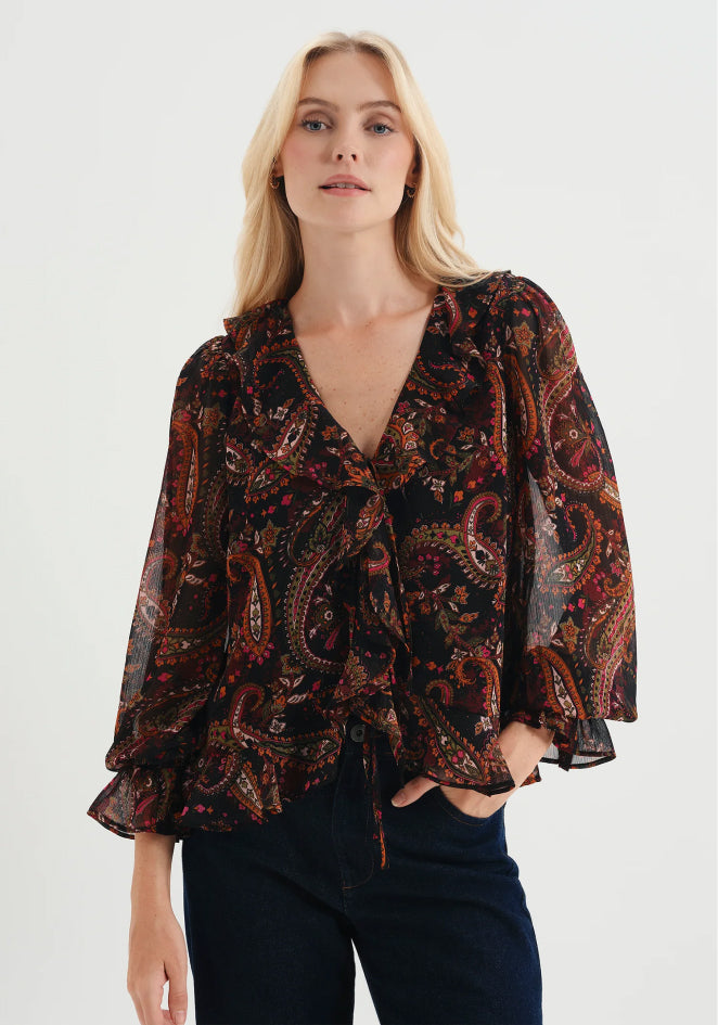 Janelle Black Paisley Chiffon Ruffle Tie-Front Blouse