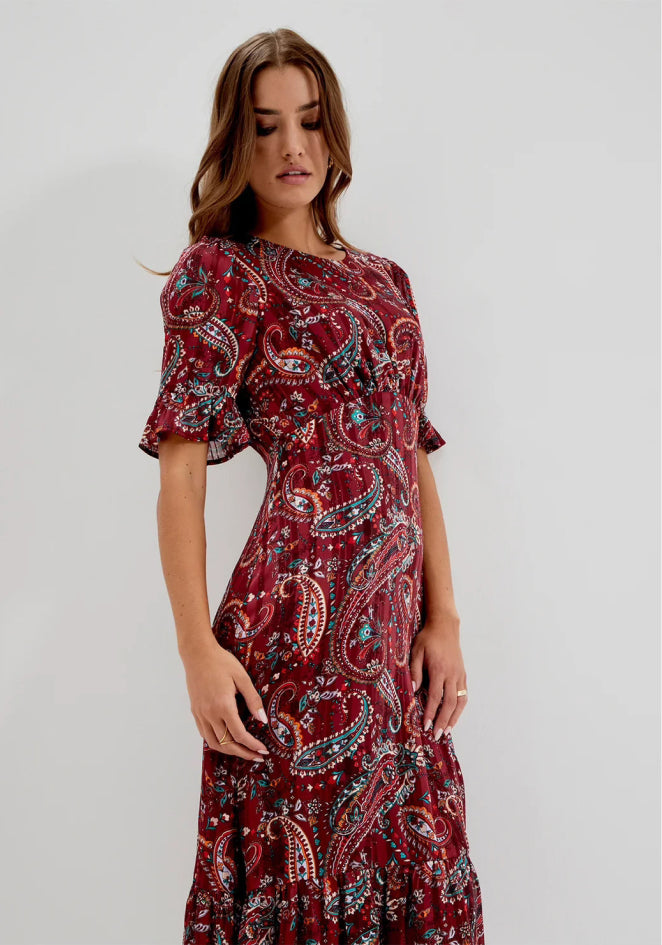 Jennifer Burgundy Paisley Satin Stripe Chiffon Frill Midi Dress