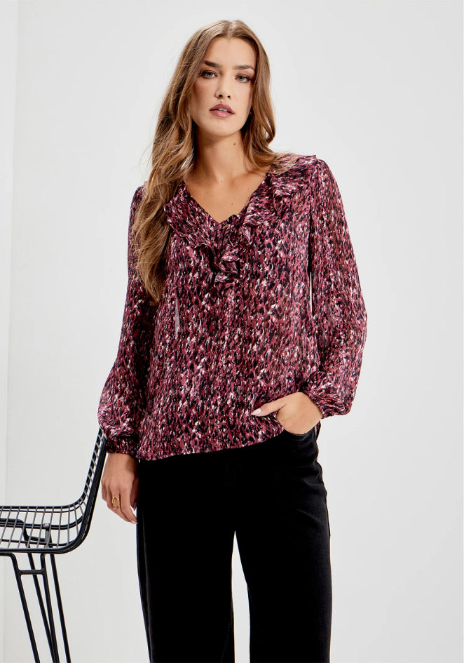 Trinity Burgundy Abstract Animal Chiffon Ruffle Neck Blouse
