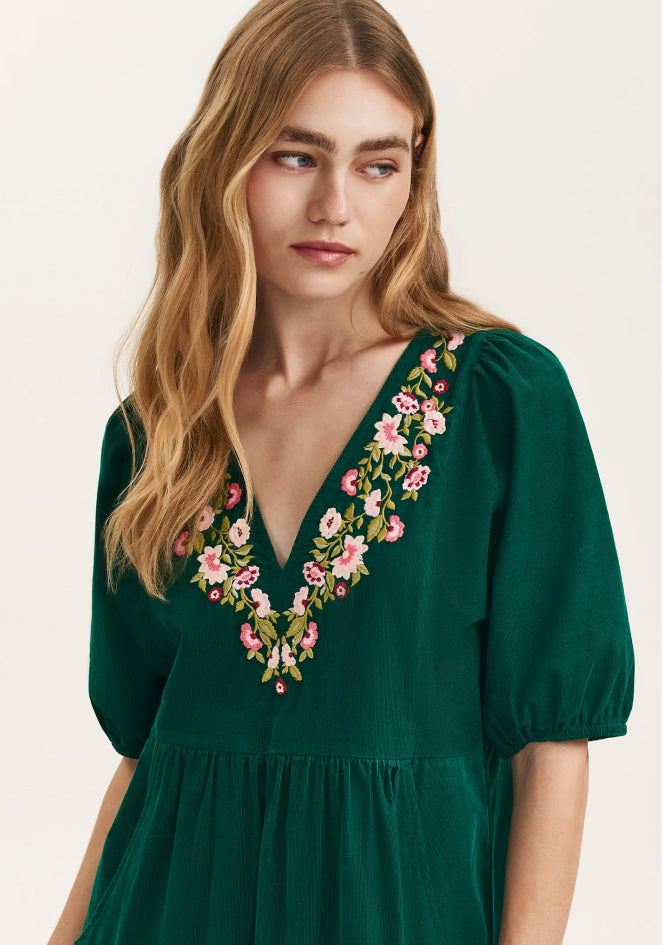 Chloe Bottle Green Corduroy Midi Dress