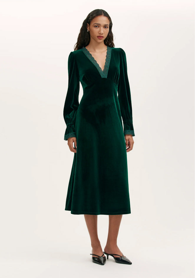 Louise Bottle Green Velvet Midi Dress