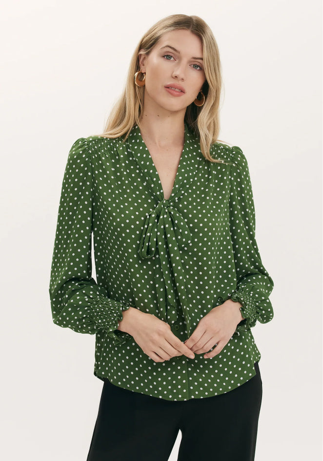 Mavis Green Spot Chiffon Pussy Bow Blouse
