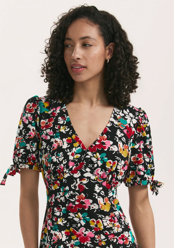 Gabriella Black Floral Crepe Midi Tea Dress
