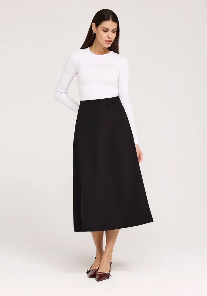 Ramona Black Gaberdine Twill Midi Skirt