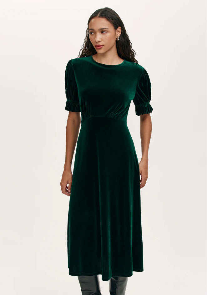 Mela Bottle Green Velvet Midi Tea Dress