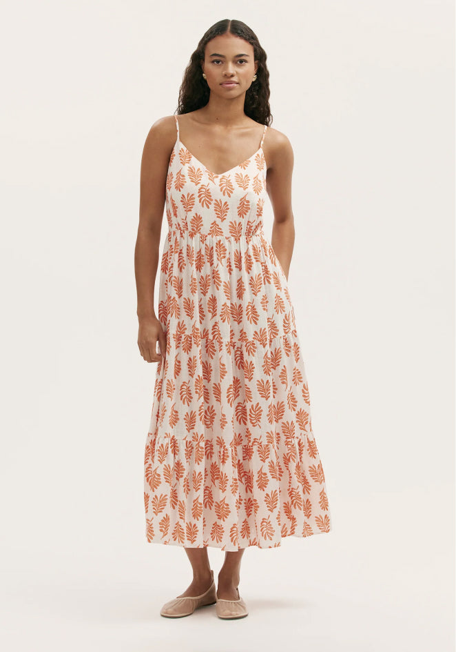 Emmie Ivory Woodlock Strappy Tiered Midi Dress with Linen