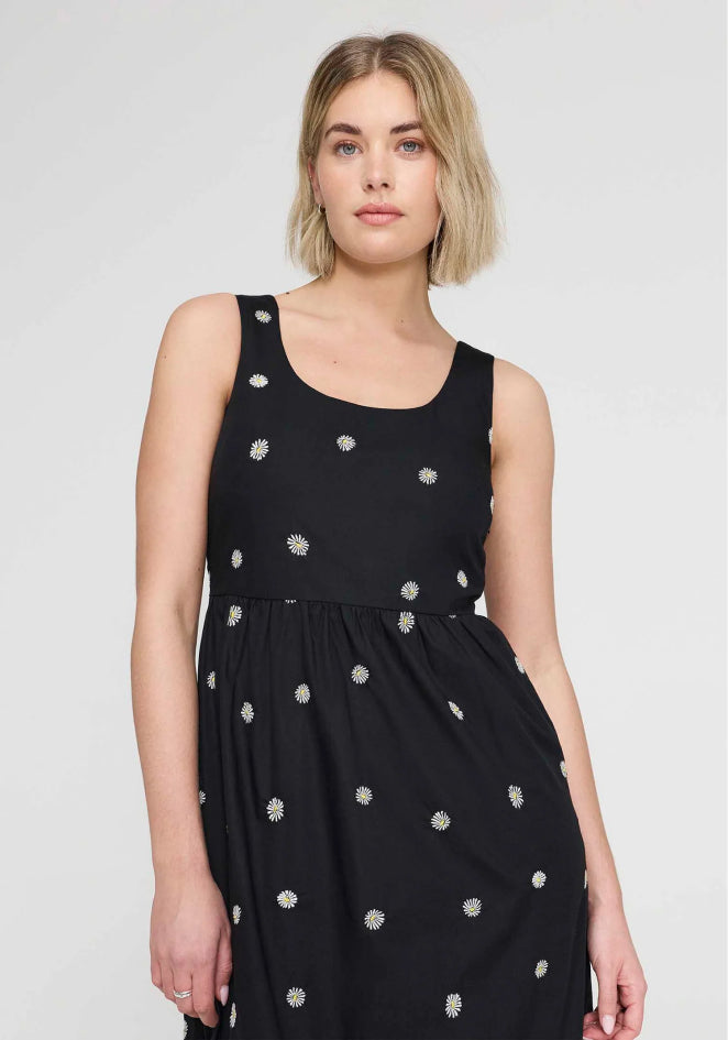 Cara Black Embroidered Cotton Sleeveless Tiered Midi Dress