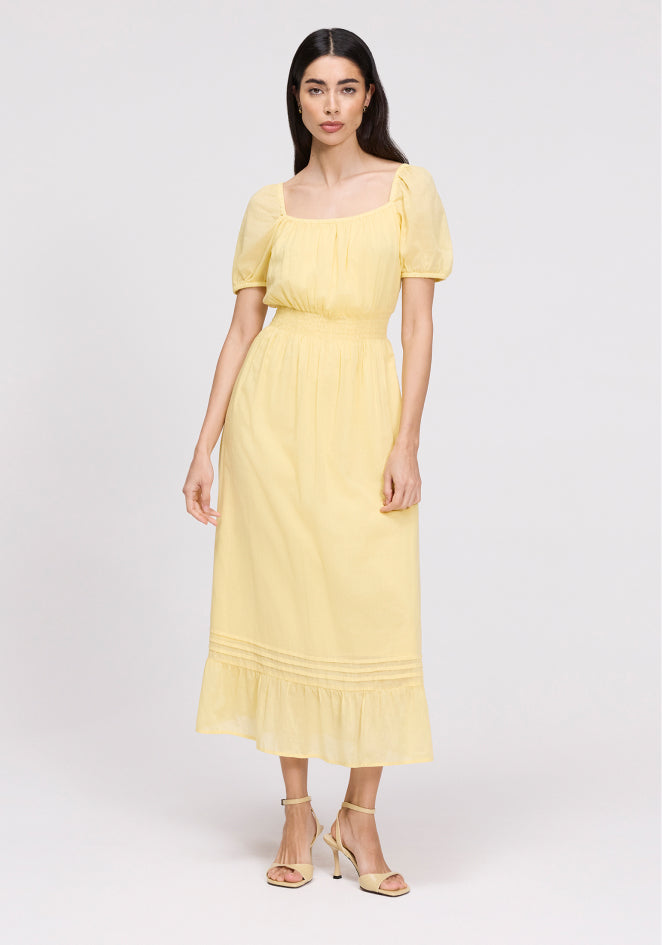 Mandy Yellow Cotton Puff Sleeves Square Neck Midi Dress