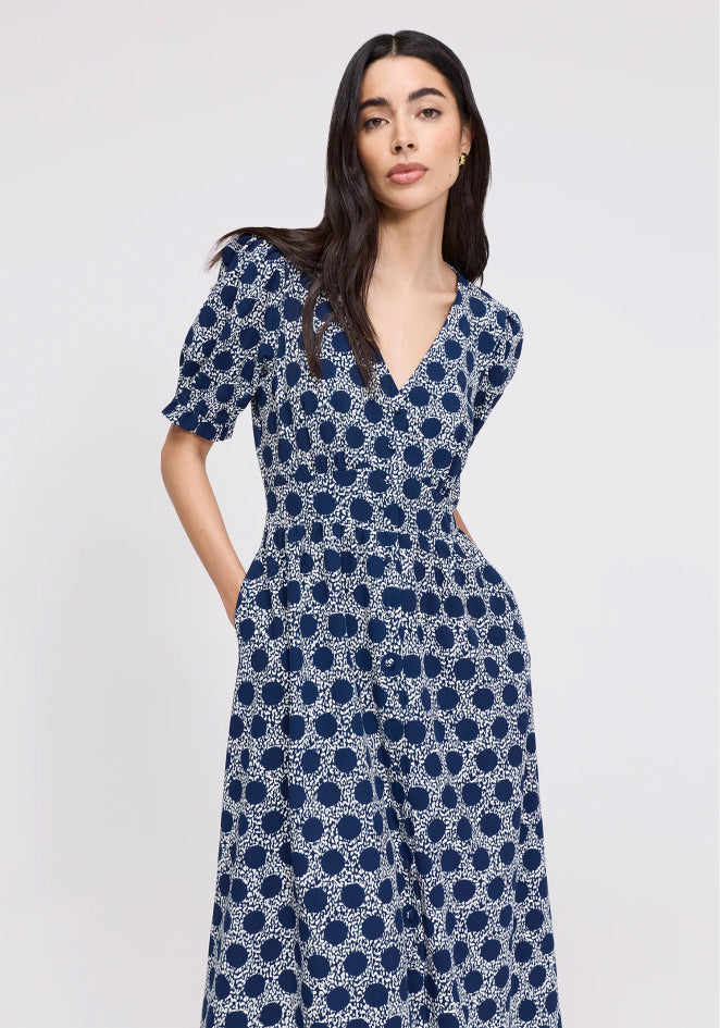 Samantha Navy Polka Dot Button Through Midi Dress
