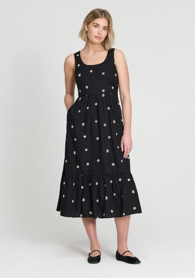 Cara Black Embroidered Cotton Sleeveless Tiered Midi Dress
