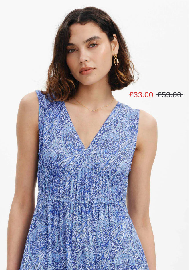 Stacey Blue Paisley Sleeveless Tiered Midi Dress