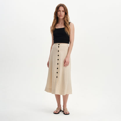 Frances Beige Stripe Button-Through Tailored Midi Skirt