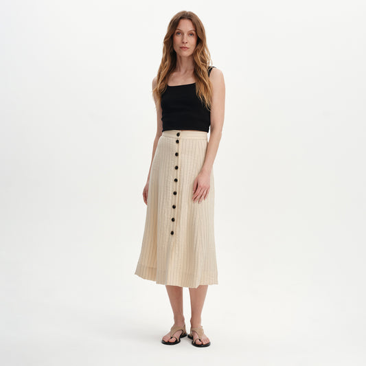 Frances Beige Stripe Button-Through Tailored Midi Skirt