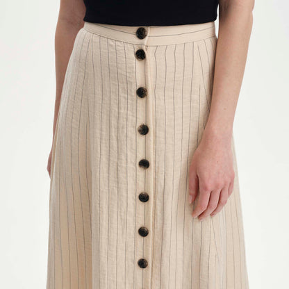 Frances Beige Stripe Button-Through Tailored Midi Skirt