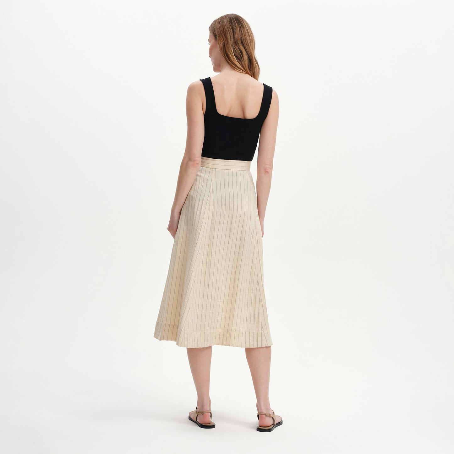 Frances Beige Stripe Button-Through Tailored Midi Skirt