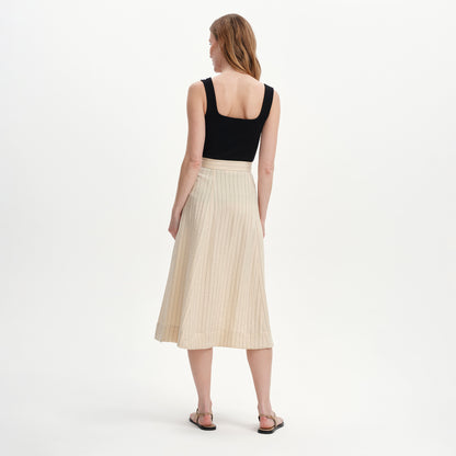 Frances Beige Stripe Button-Through Tailored Midi Skirt