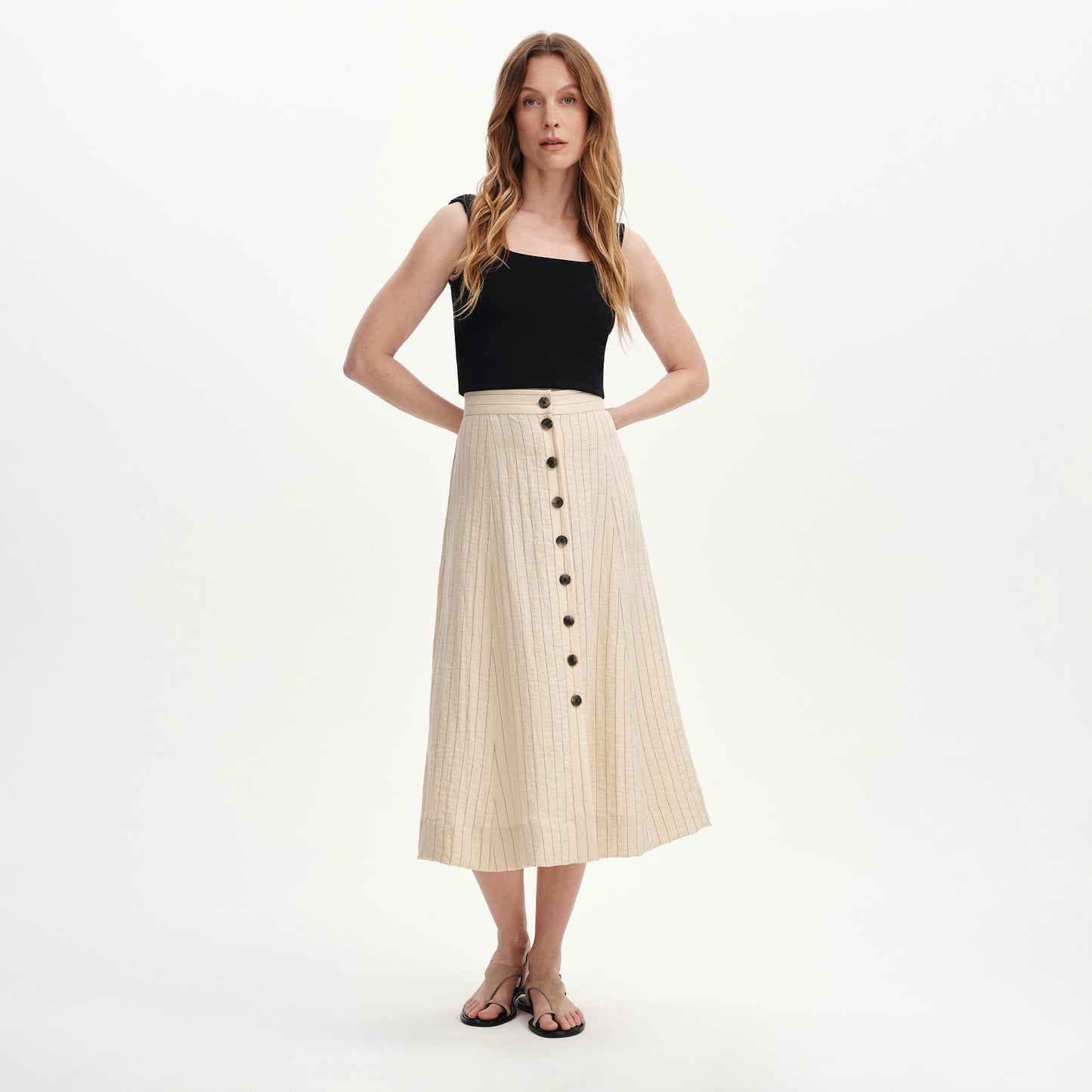 Frances Beige Stripe Button-Through Tailored Midi Skirt