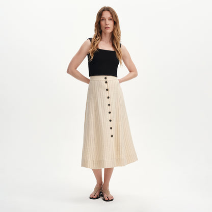 Frances Beige Stripe Button-Through Tailored Midi Skirt