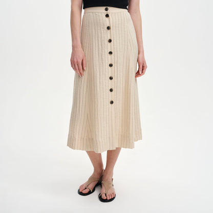 Frances Beige Stripe Button-Through Tailored Midi Skirt