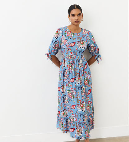 blue floral smock dress ASOS DESIGN tie neck maxi smock dress with high low hem in abstract blue floral