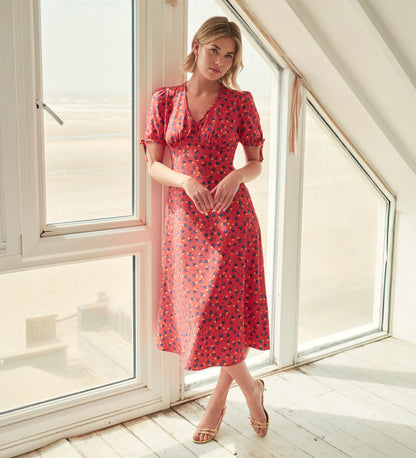 Gabriella Coral Floral Bow Detail Empire Waist Midi Dress