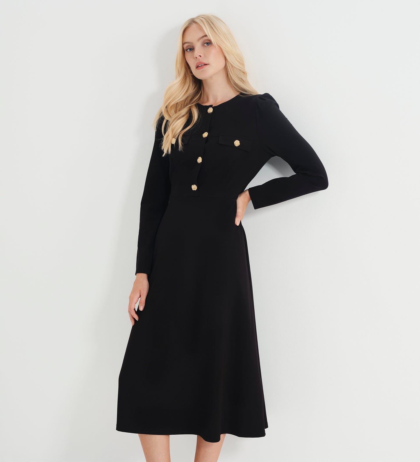 Gilly Black Ponte Jersey Midi Dress