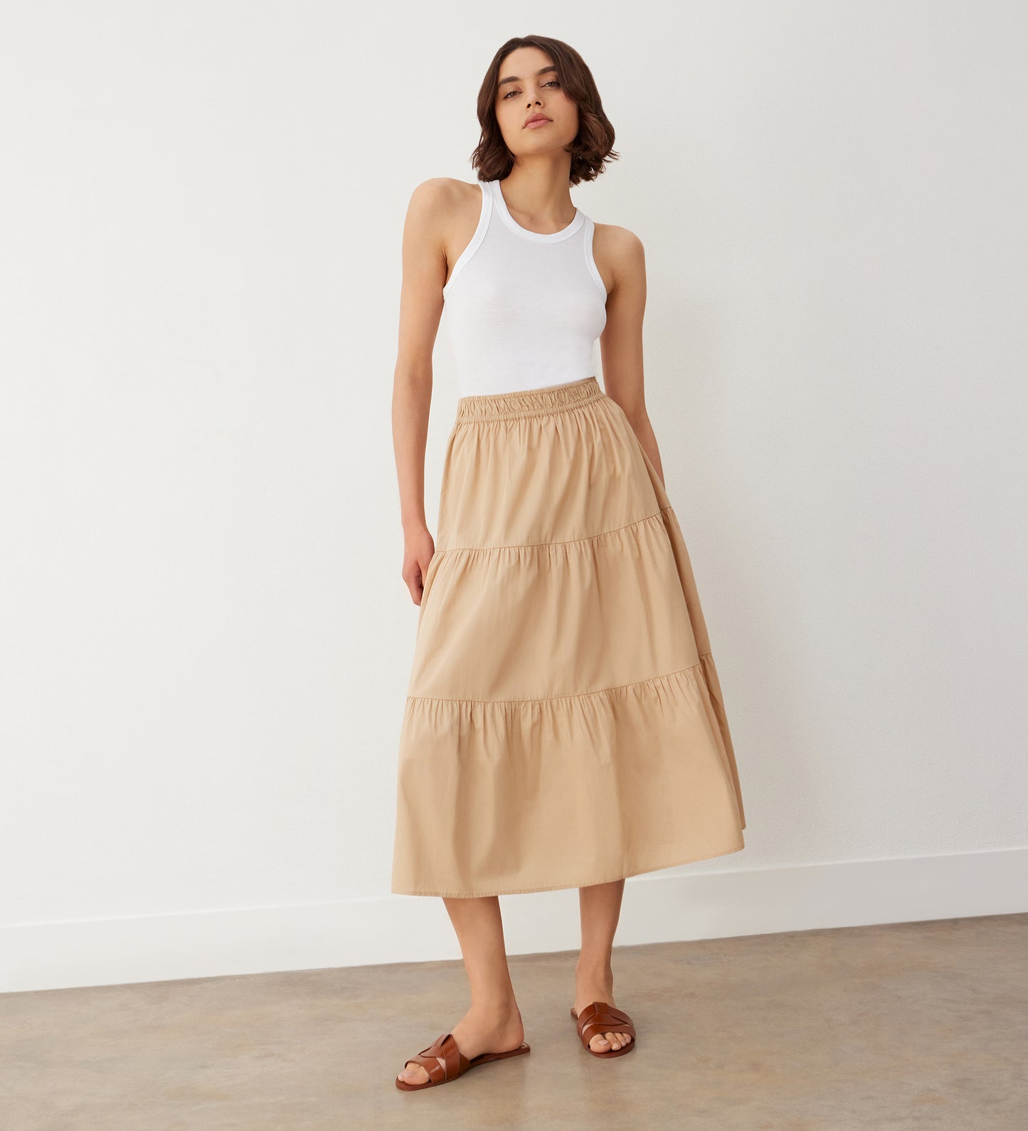 Harleen Stone Tiered Cotton Midi Skirt