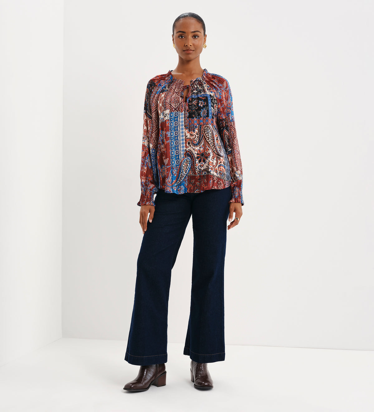 Harlow Burgundy Patchwork Paisley Satin Stripe Chiffon Tie Neck Blouse