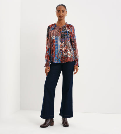 Harlow Burgundy Patchwork Paisley Satin Stripe Chiffon Tie Neck Blouse