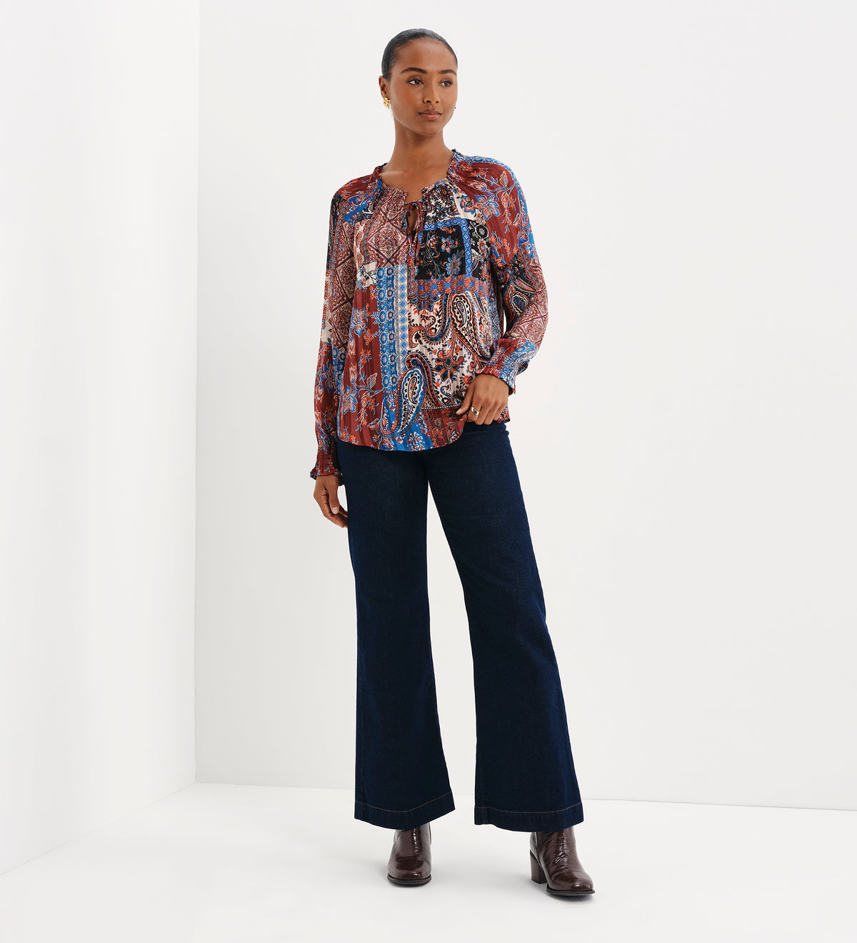 Harlow Burgundy Patchwork Paisley Satin Stripe Chiffon Tie Neck Blouse