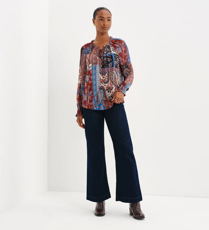 Harlow Burgundy Patchwork Paisley Satin Stripe Chiffon Tie Neck Blouse