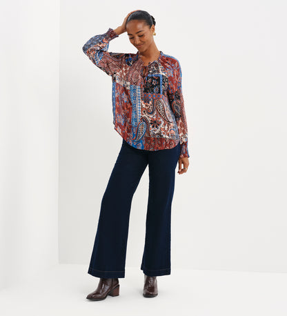 Harlow Burgundy Patchwork Paisley Satin Stripe Chiffon Tie Neck Blouse