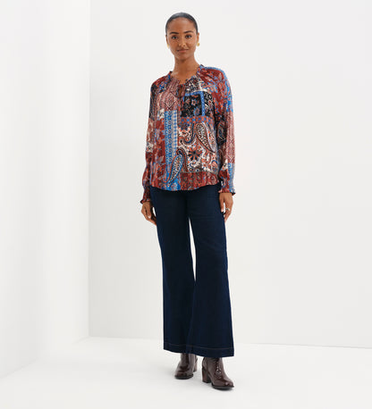 Harlow Burgundy Patchwork Paisley Satin Stripe Chiffon Tie Neck Blouse